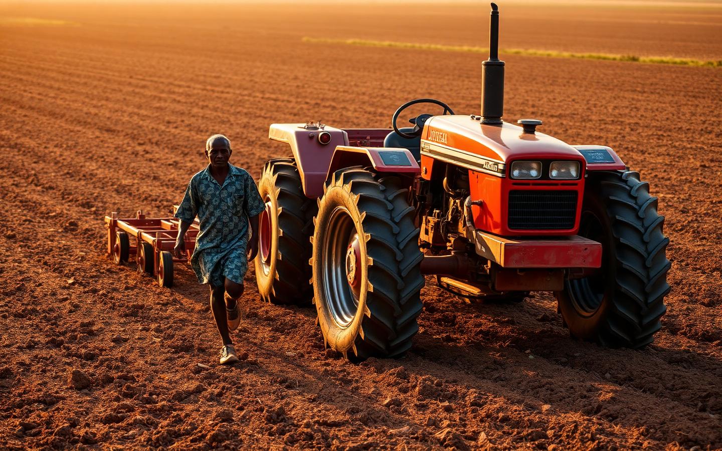Tractor ploughing farmland at sunset with a Nigerian farmer walking alongside