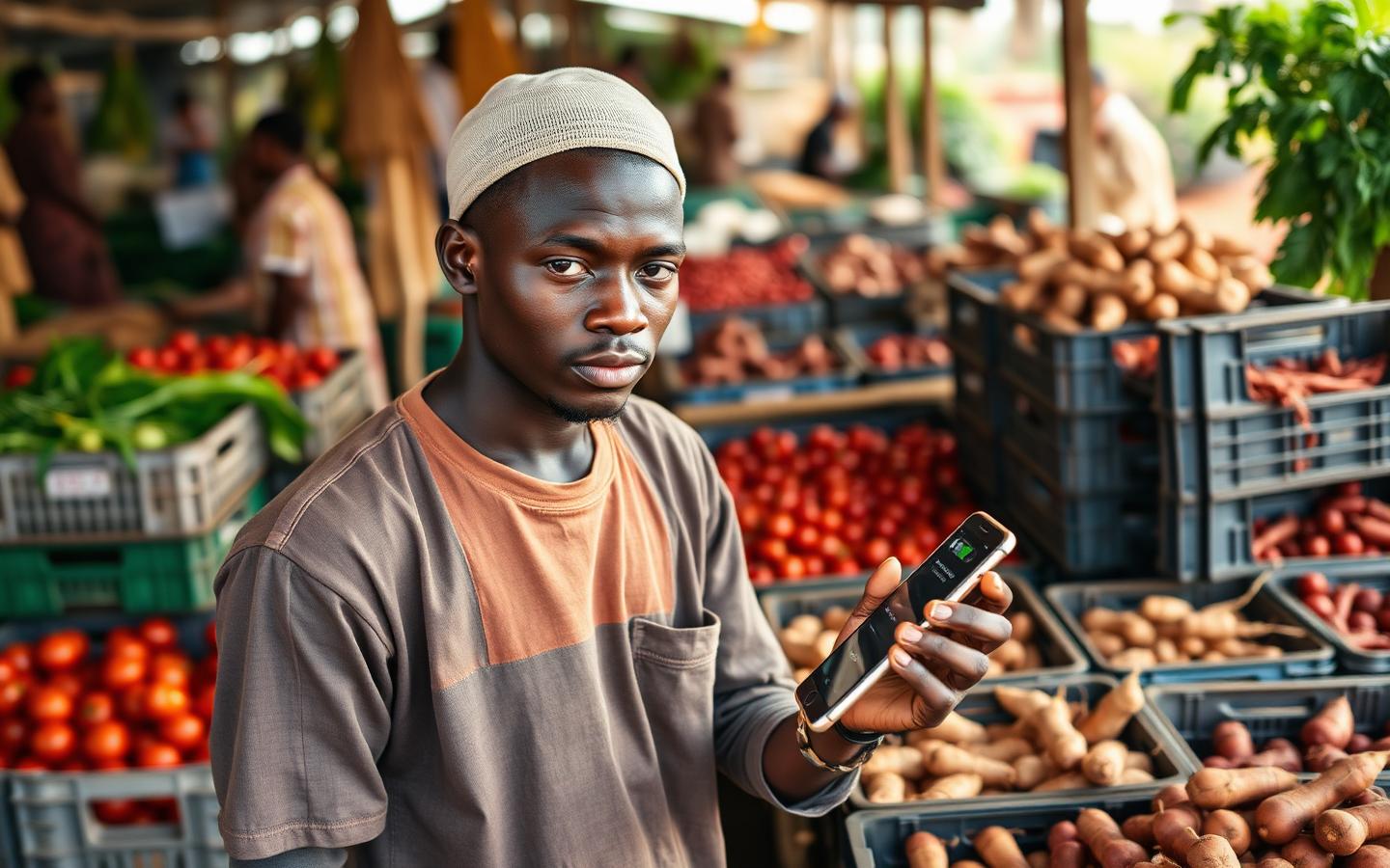 Young Nigerian farmer using a smartphone at an agricultural produce market