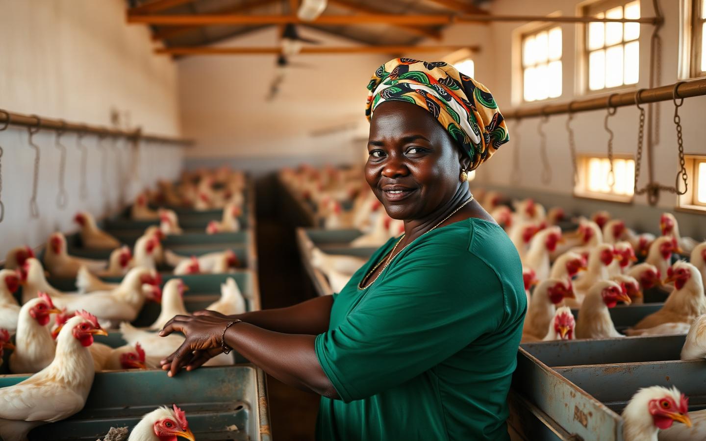 Nigerian woman managing broiler chickens inside a modern poultry house